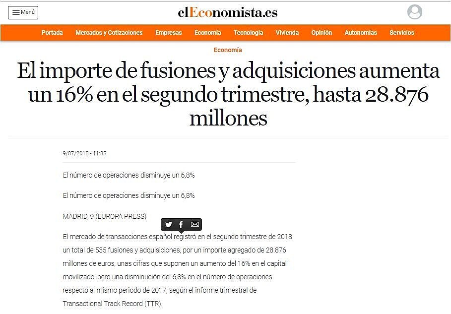 El importe de fusiones y adquisiciones aumenta un 16% en el segundo trimestre, hasta 28.876 millones